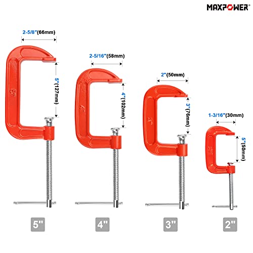 MAXPOWER 2" 3" 4" 5" Small Clamp Set, C Clamps for Woodworking and Welding