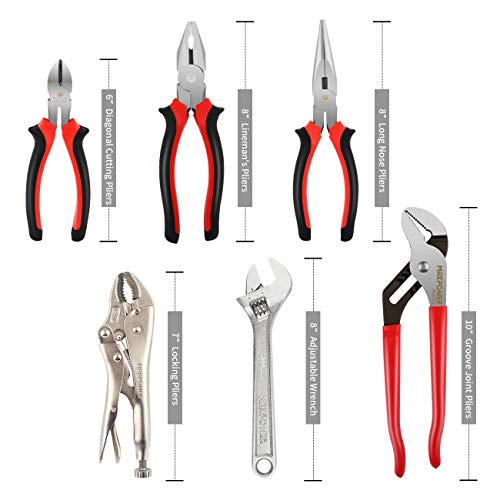 MAXPOWER Wrench and Pliers Set, 6 Piece Kitbag Set. 7" Locking Pliers, 10" Groove Joint Pliers, 8" Long Nose Pliers, 8" Adjustable Wrench, 6" Diagonal Cutting Pliers, 8" Lineman's Pliers