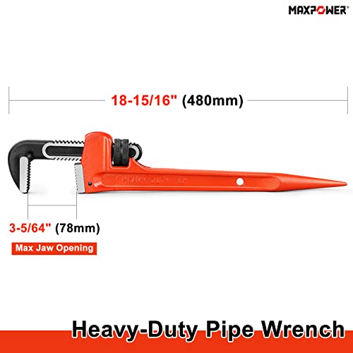 MAXPOWER Pipe Wrench, 18-Inch Heavy Duty Pipe Wrench, Adjustable Plumbing Wrench with Continuous Tapered Handle
