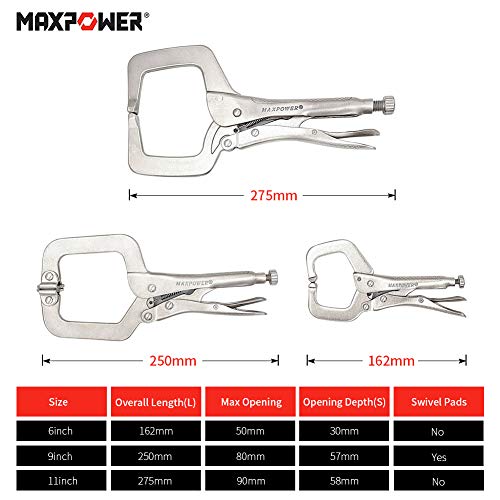 MAXPOWER Heavy Duty Locking C-Clamp Set 6-Inch, 9-Inch,11-Inch, 3-Piece Locking Pliers Nickel Plated C Pliers With Regular Tip and Swivel Pads