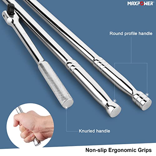 MAXPOWER 3Pcs Breaker Bar Set, Dual Drive 1/2" and 3/8" for 15-inch and 18-inch, 10-inch Short Breaker Bar 1/2"