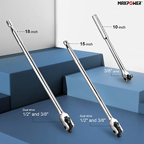 MAXPOWER 3Pcs Breaker Bar Set, Dual Drive 1/2" and 3/8" for 15-inch and 18-inch, 10-inch Short Breaker Bar 1/2"