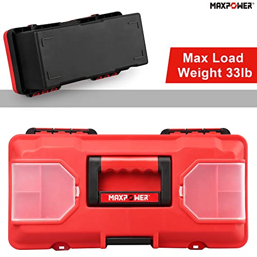 MAXPOWER Small Tool Box, 14-inch Plastic Tool Boxes with Handle, Removable Tray with Dual Lock Secured, Red Toolbox for Home