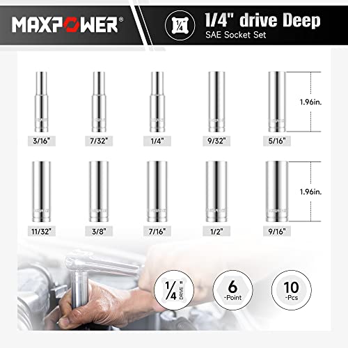 MAXPOWER 10PCS 1/4" drive Deep Socket Set, SAE, 6-ponit Sockets