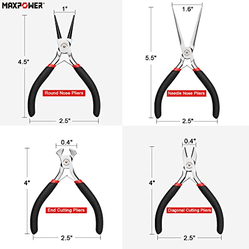 MAXPOWER 8Pcs Mini Jewelry Pliers Set, Diagonal Pliers, Long Nose Pliers, End Cutting Pliers, Bent Nose Pliers, Combination Pliers, Flat Nose Pliers, Needle Nose Pliers, Round Nose Pliers (4.5-inch)