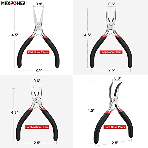 MAXPOWER 8Pcs Mini Jewelry Pliers Set, Diagonal Pliers, Long Nose Pliers, End Cutting Pliers, Bent Nose Pliers, Combination Pliers, Flat Nose Pliers, Needle Nose Pliers, Round Nose Pliers (4.5-inch)