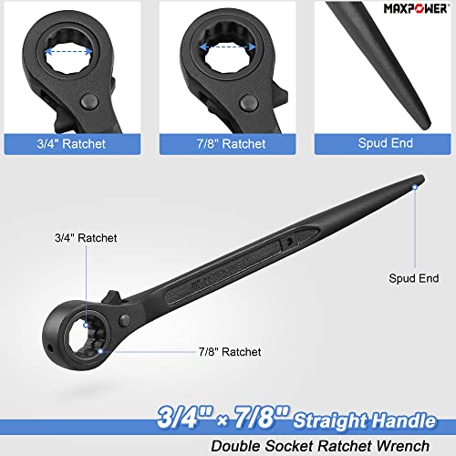 MAXPOWER 2PCS Low Profile Ratchet Scaffold Wrench Set, 7/8 Inch x 3/4 Inch Dual Socket Spud Ratchet, 17mm x 19mm Metric
