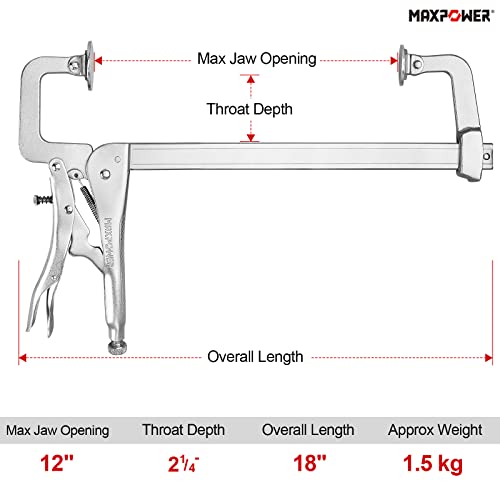 MAXPOWER Sliding Arm Locking C Clamp 12 inch, Max Jaw Opening Capacity 12", Throat Depth 2-1/4"