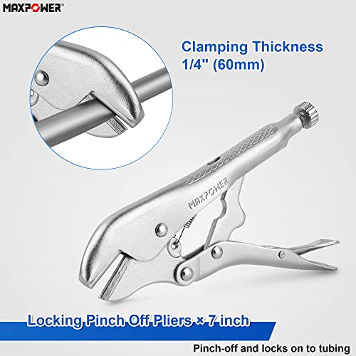 MAXPOWER 4PCS Locking Pliers Clamp Set, 7 inch 90 degree Offset Locking Pliers, 7 inch Locking Pinch Off Pliers, 9 inch U Shaped Jaw Locking Pliers, 8 inch Locking Sheet Metal Clamp
