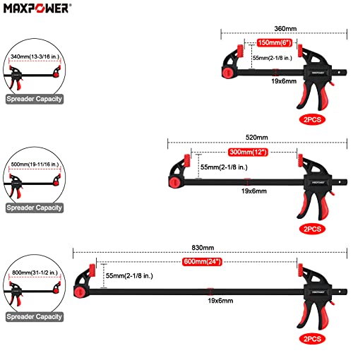 MAXPOWER Bar Clamp for Woodworking, Quick Release Wood Clamps Convert to a Spreader, 6-pieces Woodworking Clamps Set 24 inch (2) 12 inch (2) 6 inch (2)