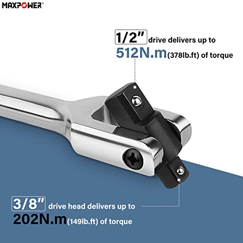 MAXPOWER 3Pcs Breaker Bar Set, Dual Drive 1/2" and 3/8" for 15-inch and 18-inch, 10-inch Short Breaker Bar 1/2"