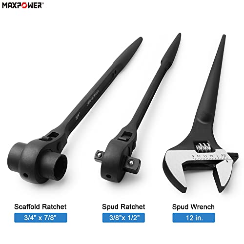 MAXPOWER 3Pcs Spud Ratchet Set, 3/4" x 7/8" Dual Socket Scaffold Wrench, 1/2" x 3/8" Dual Head Ratchet, 12 inch Spud Wrench