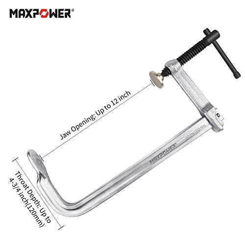 MAXPOWER Thick Rail F Clamp 12-inch 4-3/4-Inch Throat 300 x 120mm Heavy Duty F Bar Clamp for Welding, Rail 29.7 x 14.3mm (Pack of 2)