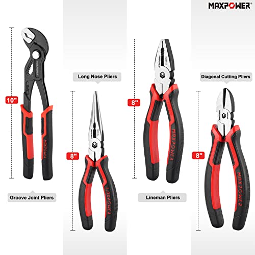 MAXPOWER 4 Piece Pliers Set, Pliers Tool Set Including 8 Inch Lineman Pliers, Diagonal Cutting Pliers & Long Nose Pliers, 10 Inch Groove Joint Pliers