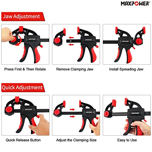 MAXPOWER Bar Clamp for Woodworking, Quick Release Wood Clamps Convert to a Spreader, 6-pieces Woodworking Clamps Set 24 inch (2) 12 inch (2) 6 inch (2)
