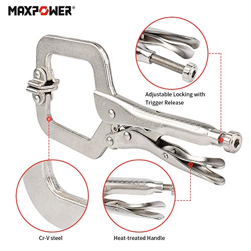 MAXPOWER Heavy Duty Locking C-Clamp Set 6-Inch, 9-Inch,11-Inch, 3-Piece Locking Pliers Nickel Plated C Pliers With Regular Tip and Swivel Pads