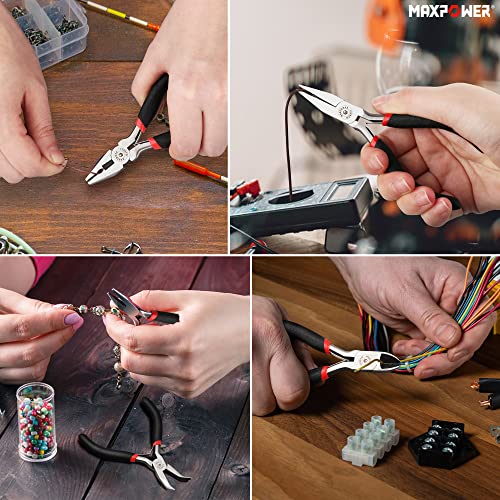 MAXPOWER 8Pcs Mini Jewelry Pliers Set, Diagonal Pliers, Long Nose Pliers, End Cutting Pliers, Bent Nose Pliers, Combination Pliers, Flat Nose Pliers, Needle Nose Pliers, Round Nose Pliers (4.5-inch)