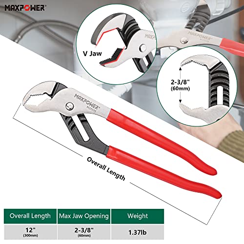 MAXPOWER Groove Joint Pliers Set, 8 inch and 12 inch Quick Adjustable Serrtated V Jaw Tongue and Groove Pliers