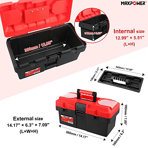 MAXPOWER Small Tool Box, 14-inch Plastic Tool Boxes with Handle, Removable Tray with Dual Lock Secured, Red Toolbox for Home