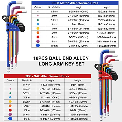 MAXPOWER 18-Piece Hex Key Allen Wrench Set, Hex Key Set SAE & Metric Extra Long Arm Ball End Set with T-Handle
