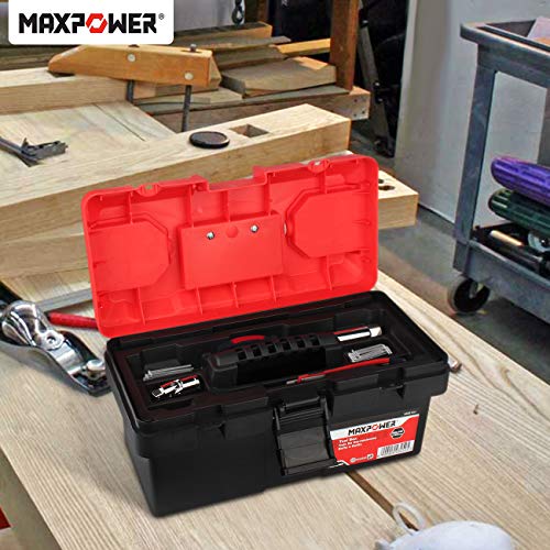 MAXPOWER Small Tool Box, 14-inch Plastic Tool Boxes with Handle, Removable Tray with Dual Lock Secured, Red Toolbox for Home