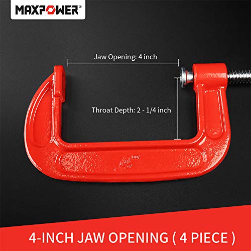 MAXPOWER 4-pieces C Clamps Set, 4 Inch C Clamp, Up To 4-Inch Jaw Opening, 2-1/4 Inch Throat Depth