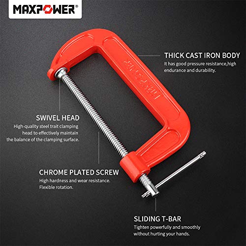 MAXPOWER 4-pieces C Clamps Set, 6 Inch C Clamp, Up To 6-Inch Jaw Opening, 2-3/4 Inch Throat Depth