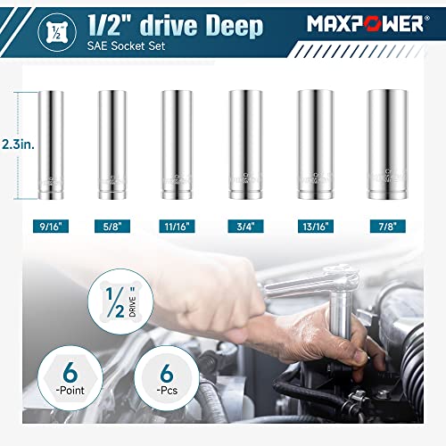 MAXPOWER 6PCS 1/2" drive Deep Socket Set, SAE, 6-ponit Sockets