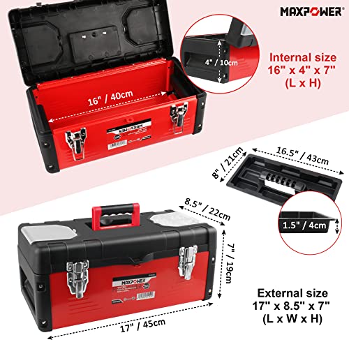 MAXPOWER Tool Box 17-inch, Mixtured Plastic Lid and Metal Small Tool Box with Removable Tray and Handle
