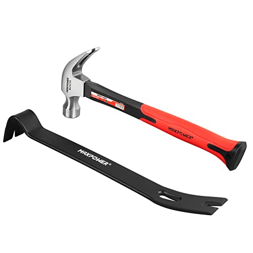 MAXPOWER Claw Hammer 20oz and 15-inch Flat Pry Bar Set