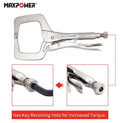 MAXPOWER Heavy Duty Locking C-Clamp Set 6-Inch, 9-Inch,11-Inch, 3-Piece Locking Pliers Nickel Plated C Pliers With Regular Tip and Swivel Pads
