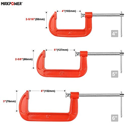 MAXPOWER 4" 5" 6" C Clamp Set, Small Clamps for Woodworking and Welding