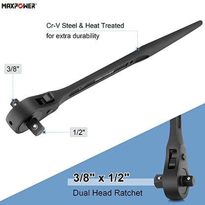 MAXPOWER 2PCS Dual Drive Head Ratchet Wrench, 1/2" x 3/4" Spud Ratchet 16 inch, 3/8" x 1/2" Scaffold Wrench 12 inch