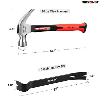 MAXPOWER Claw Hammer 20oz and 15-inch Flat Pry Bar Set