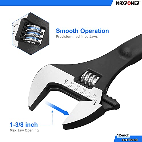 MAXPOWER 2PCs Adjustable Spud Wrench Set, 12 inch Spud Wrench, 16 inch Reversible Jaw Adjustable Wrench with Hammer Head and Pipe Wrench Function