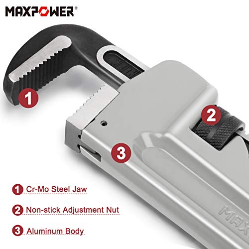 MAXPOWER 30-inch Pipe Wrench, Aluminum Straight Plumbing Wrench Heavy Duty Adjustable Pipe Wrench