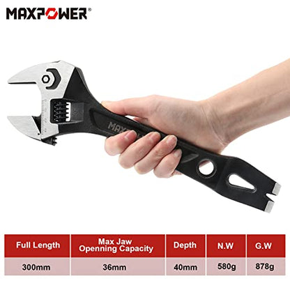 MAXPOWER 12-inch Adjustable Wrench, 3-in-1 Multifuntional Demolition Wrench Spanner with Hammer Face and End Pry Bar Functional