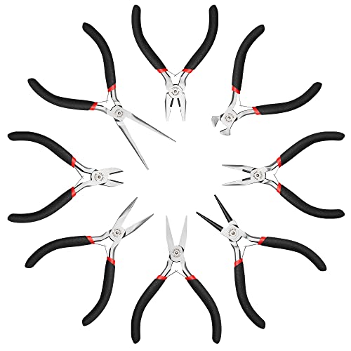 MAXPOWER 8Pcs Mini Jewelry Pliers Set, Diagonal Pliers, Long Nose Pliers, End Cutting Pliers, Bent Nose Pliers, Combination Pliers, Flat Nose Pliers, Needle Nose Pliers, Round Nose Pliers (4.5-inch)