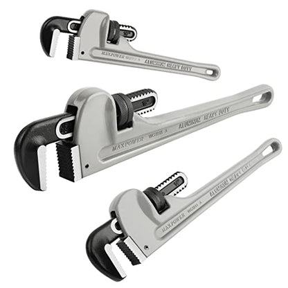 MAXPOWER Pipe Wrench Set 10" 14" 18", Aluminum Plumber Wrenches, Straight Plumbing Wrench