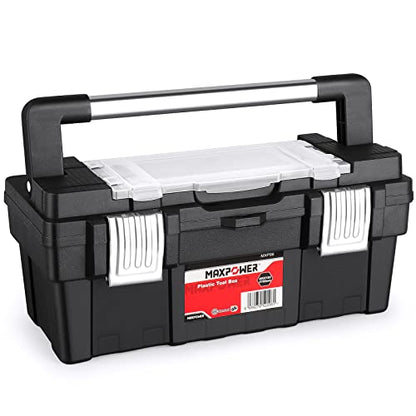 MAXPOWER 16 inch Tool Box with Removable Tray, Portable Toolbox with Stainless Steel Handle & Doule Metal Latch, Rated up to 33 Lbs