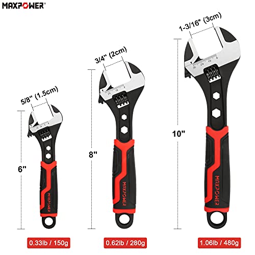 MAXPOWER Adjustable Wrench, Drop Forged Cr-V Steel, Small Spanner Wrenches Set 6 inch 8 inch 10 inch