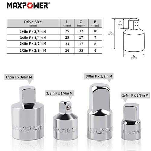 MAXPOWER 4-Piece Socket Adapter Set, 1/4" x 3/8", 3/8" x 1/4", 3/8" x 1/2", 1/2" x 3/8"