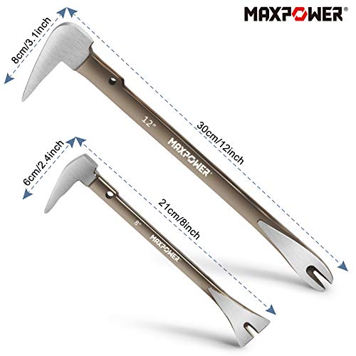 MAXPOWER 2Pcs Nail Puller Set. 8-Inch and 12-Inch Nail Puller Pry Bar and Chisel Scraper