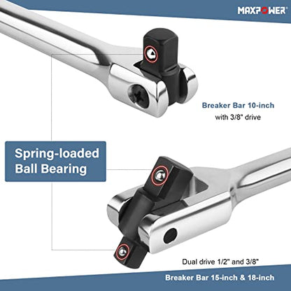 MAXPOWER 3Pcs Breaker Bar Set, Dual Drive 1/2" and 3/8" for 15-inch and 18-inch, 10-inch Short Breaker Bar 1/2"