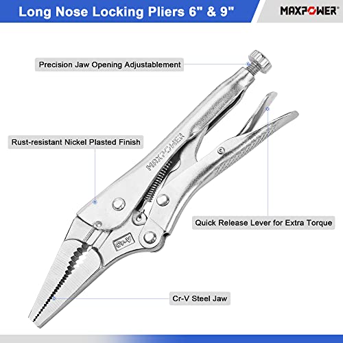 MAXPOWER 6 PCS Locking Pliers and Clamps Set, Locking C Clamp 6 inch with Swivel Pads, Long Nose Locking Pliers 9 inch and 6 inch, Curved Jaw Locking Pliers 10 inch, 7 inch and 5 inch