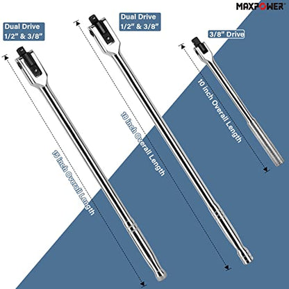 MAXPOWER 3Pcs Breaker Bar Set, Dual Drive 1/2" and 3/8" for 15-inch and 18-inch, 10-inch Short Breaker Bar 1/2"
