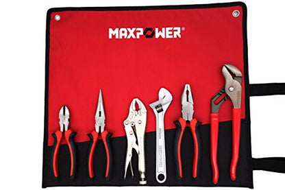 MAXPOWER Wrench and Pliers Set, 6 Piece Kitbag Set. 7" Locking Pliers, 10" Groove Joint Pliers, 8" Long Nose Pliers, 8" Adjustable Wrench, 6" Diagonal Cutting Pliers, 8" Lineman's Pliers