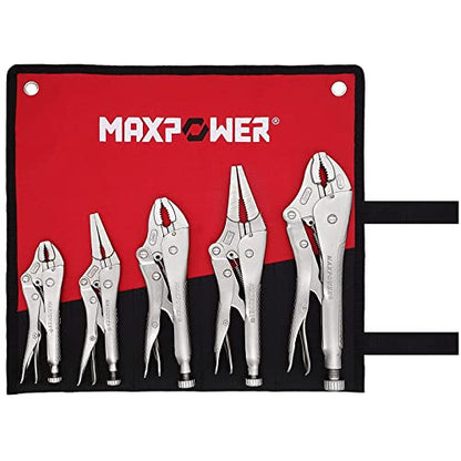 MAXPOWER 5 PCS Locking Pliers Set, Long Nose Locking Pliers 9-Inch and 6-Inch, Curved Jaw Locking Pliers 10-Inch, 7-Inch and 5-Inch (5 Pieces with Kitbag set)