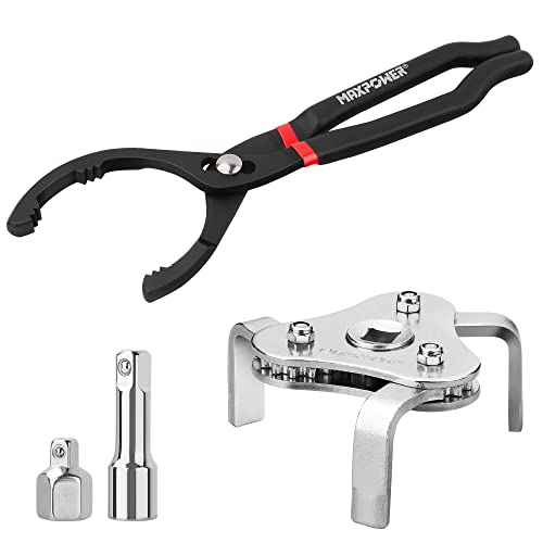 MAXPOWER Oil Filter Wrenches Set, 12 inch Oil Filter Pliers, 3 Jaw Adjustable Oil Filter Wrench Removal Tool, 3 inch Extension Bar, 1/2" F to 3/8" M Adapter