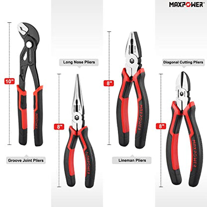 MAXPOWER 4 Piece Pliers Set, Pliers Tool Set Including 8 Inch Lineman Pliers, Diagonal Cutting Pliers & Long Nose Pliers, 10 Inch Groove Joint Pliers